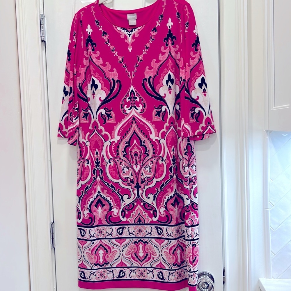 Chico’s Pink Print Jersey Sheath Dress for Work or to Wear Casually sz.8